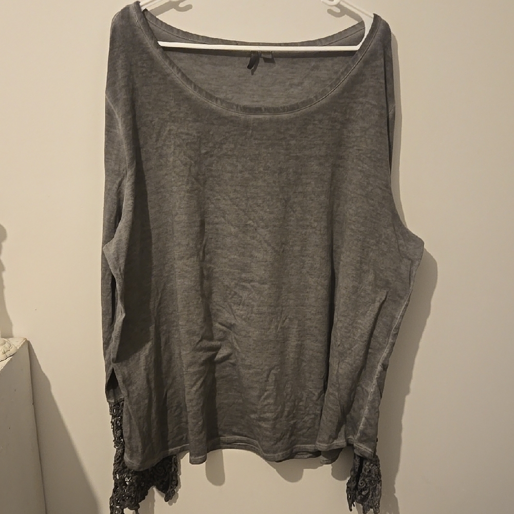 Cato Womens Fairy Grunge Burnout Top Size 26/28 Gray L/S with Crochet cuff